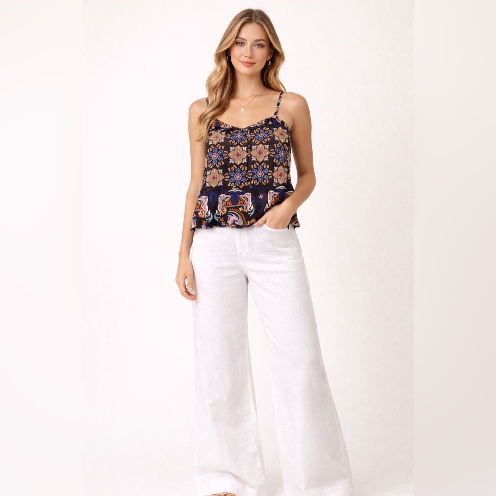 Yum Kim Bold Paisley Print Tank/ Cami Beautiful Silver Buttons‎ Size Med NWT